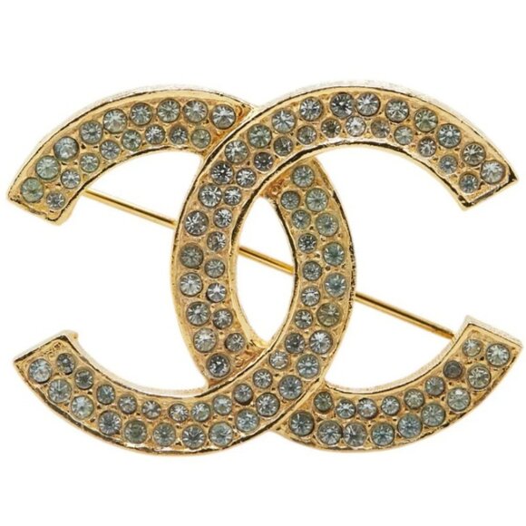 CHANEL CC Logo Rhinestone Brooch Gold Tone Pin Auth w/Box #8547 - Picture 1 of 6